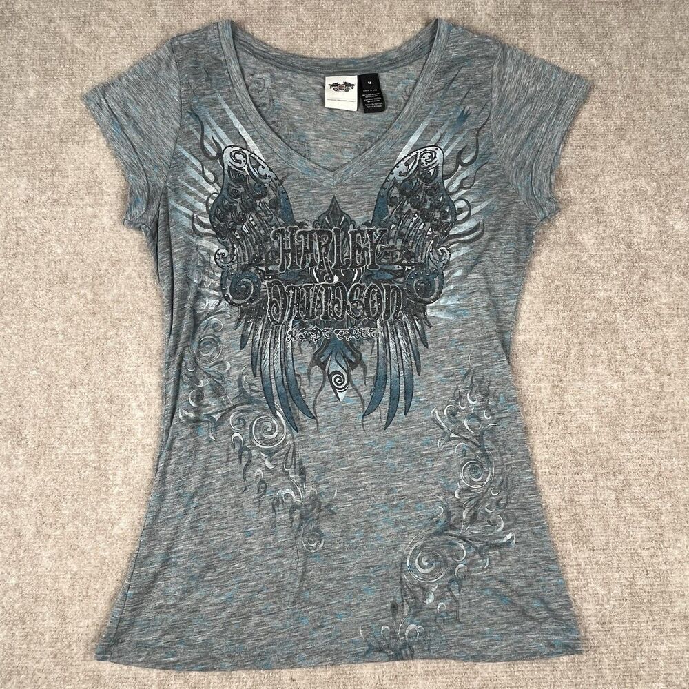 Harley Davidson Shirt Womens Med Blue Green Bling Graphic Angel Wings Ride Free